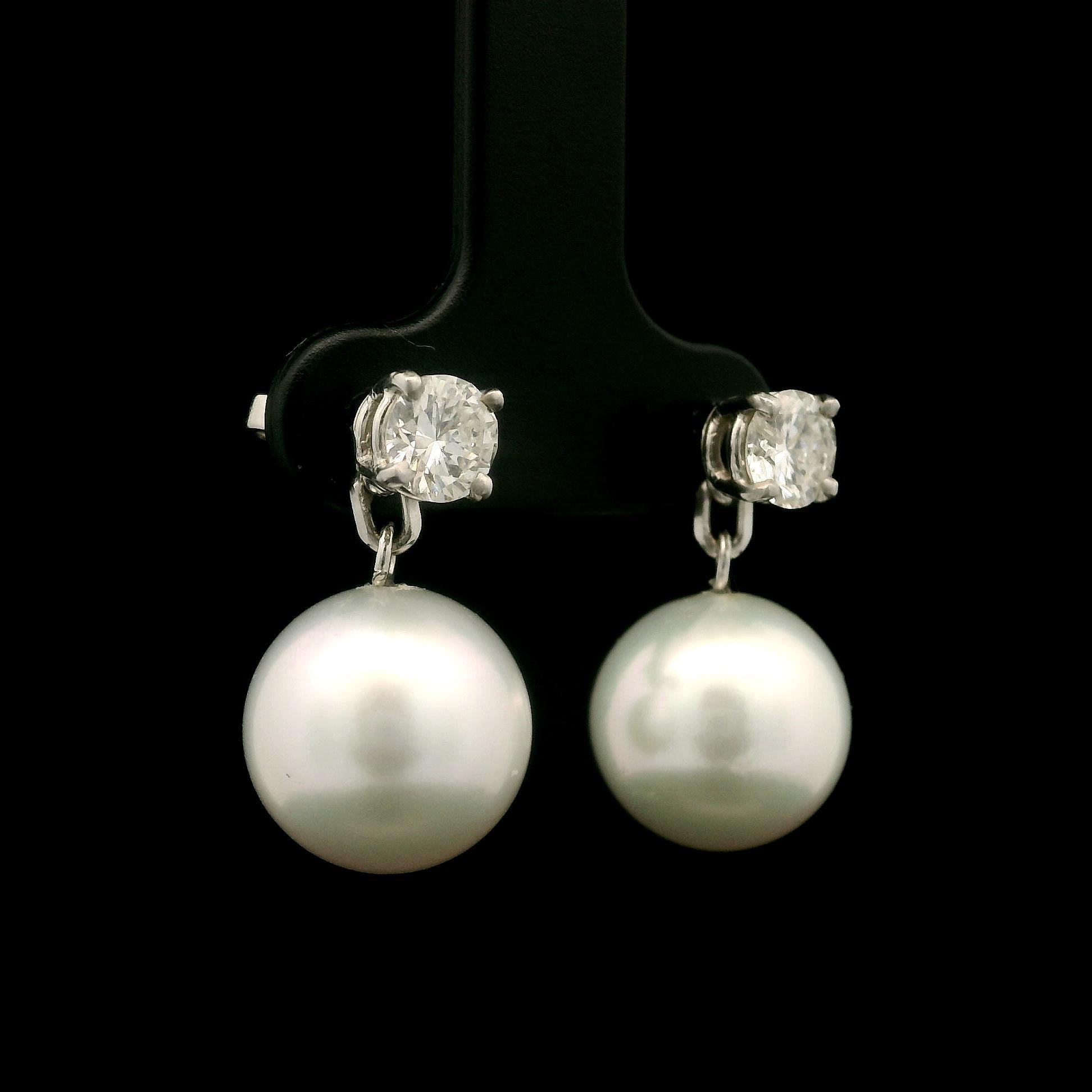 18k White Gold Pearl w/ 1ctw Diamond Wearable as Stud Or Dangle Drop Earrings For Sale 4