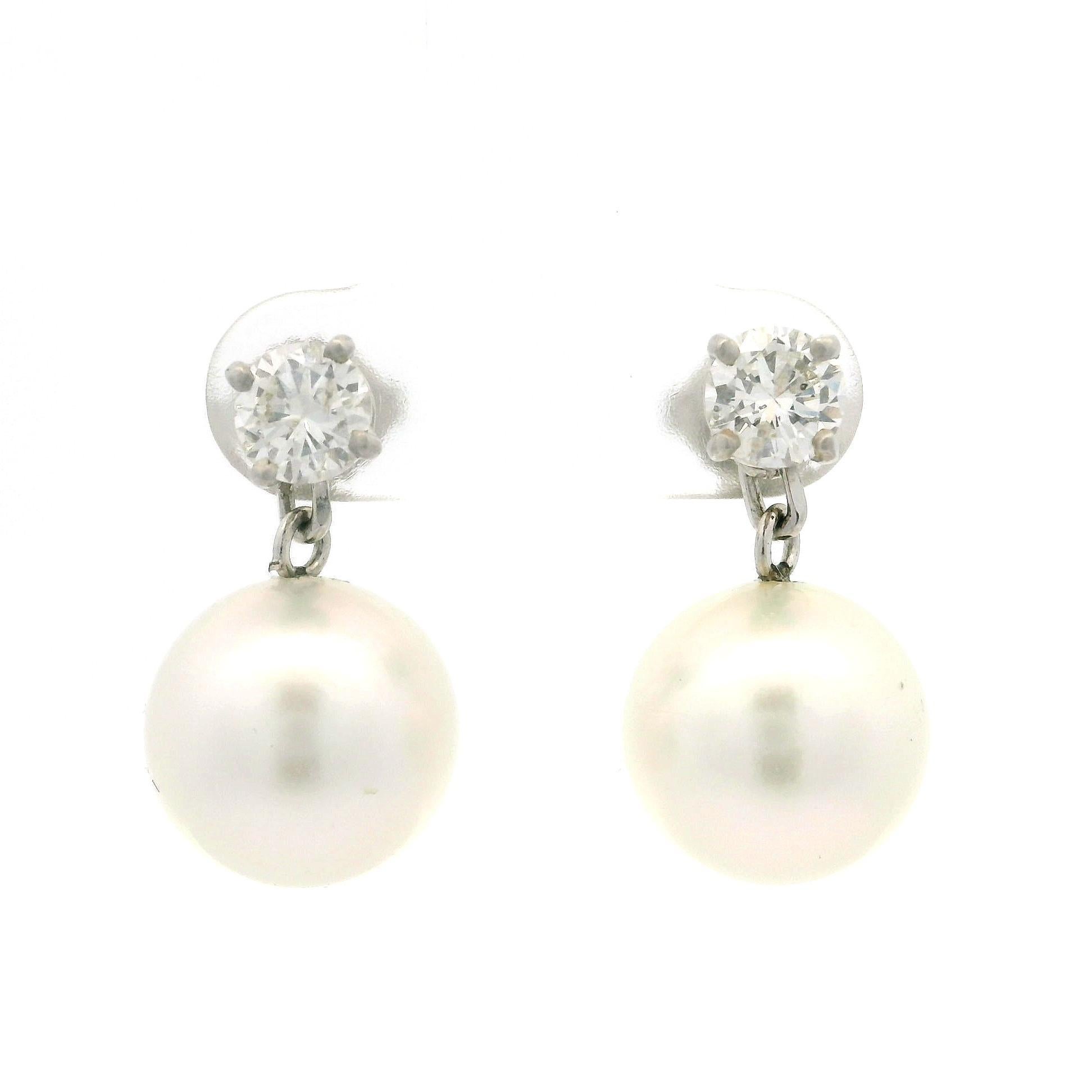 18k White Gold Pearl w/ 1ctw Diamond Wearable as Stud Or Dangle Drop Earrings For Sale