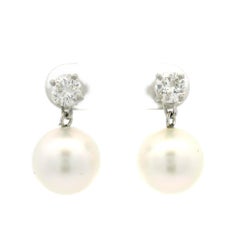18k White Gold Pearl w/ 1ctw Diamond Wearable as Stud Or Dangle Drop Earrings