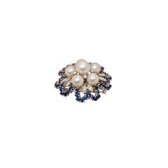 18k White Gold, Pearls Diamonds and Blue Sapphires Brooch