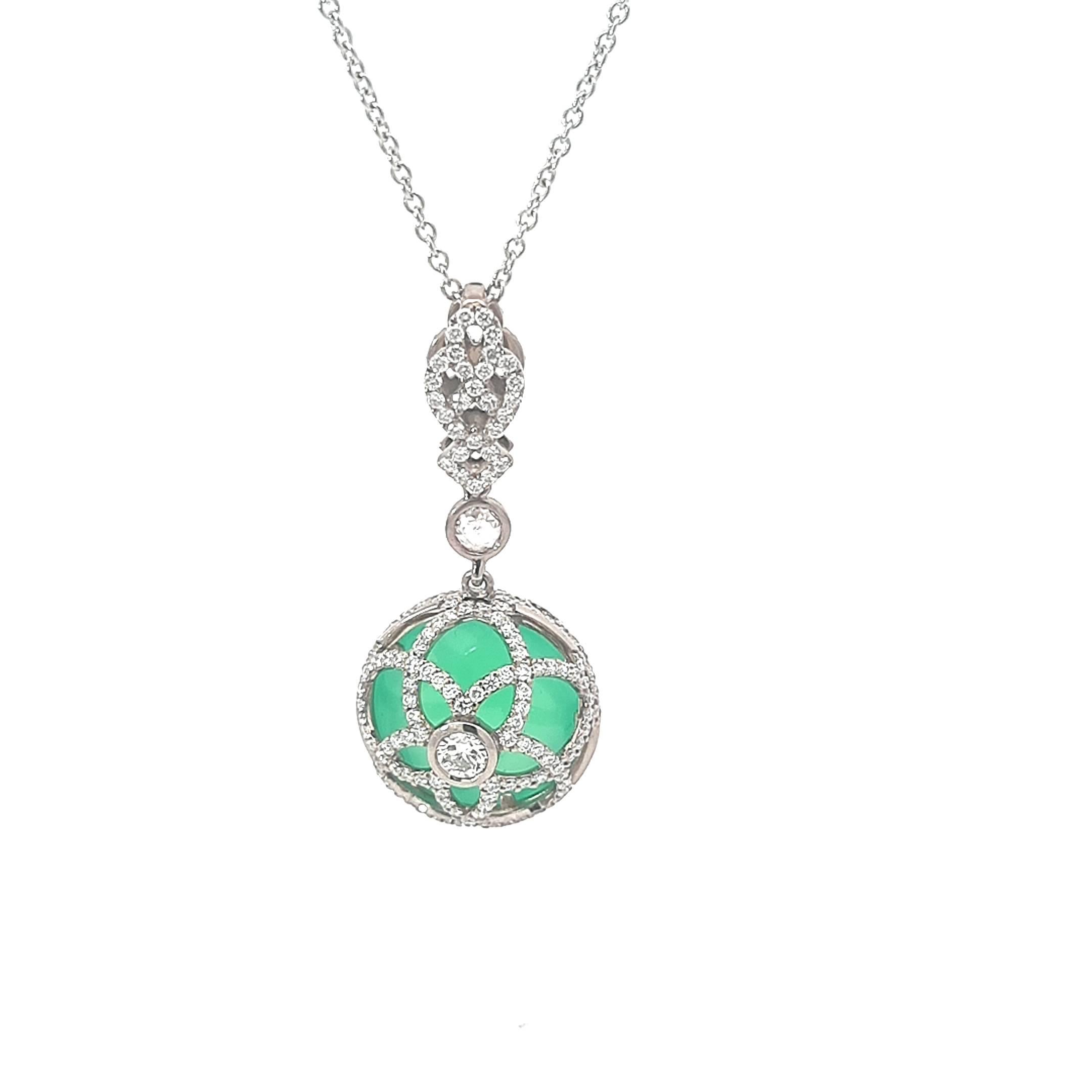 Ciondolo in oro bianco 18K con diamanti e crisoprasio cabochon rotondo in vendita 7