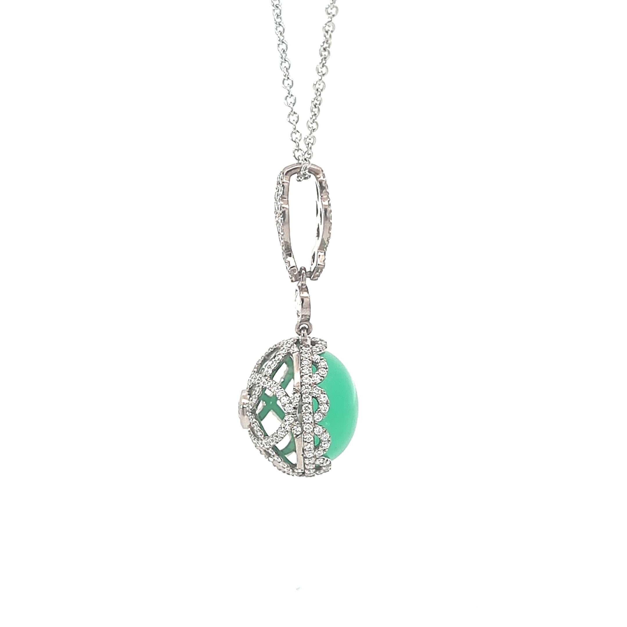 Ciondolo in oro bianco 18K con diamanti e crisoprasio cabochon rotondo in vendita 8