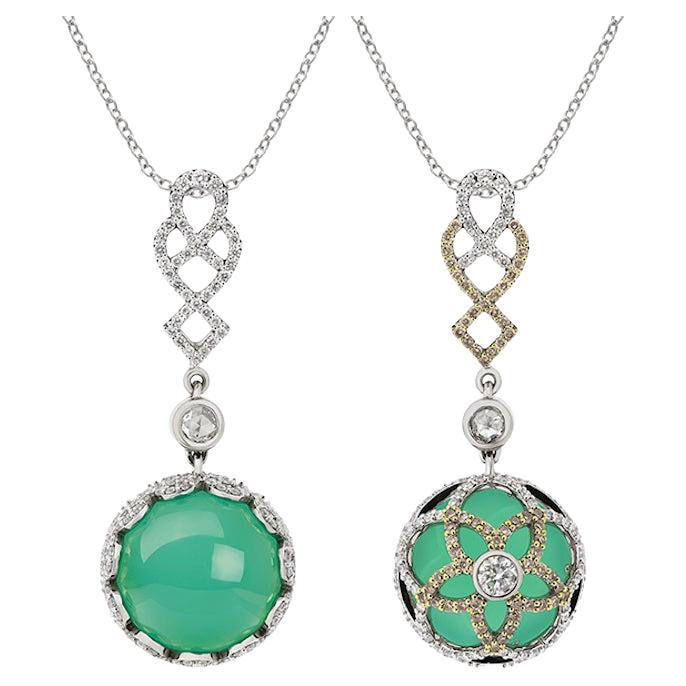 18K White Gold Pendant Diamonds with Round Cabochon Chrysoprase