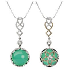 Ciondolo in oro bianco 18K con diamanti e crisoprasio cabochon rotondo