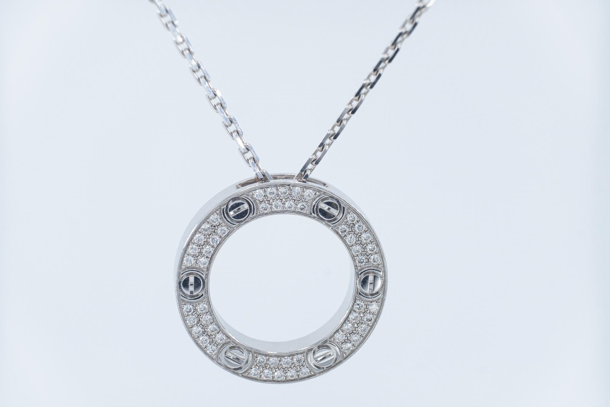 Contemporary Cartier Love Necklace White Gold, 54 Round Brilliant Cut Diamonds, 0.34 Carats For Sale