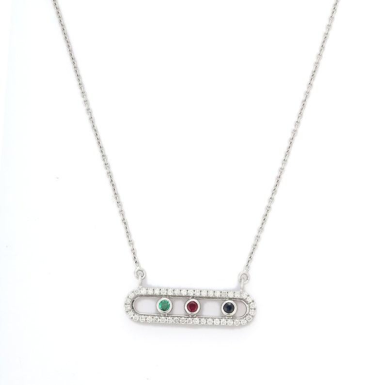 Modern Emerald, Ruby and Sapphire Bar Style Pendant in 18kt Solid White Gold 