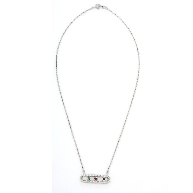 Emerald, Ruby and Sapphire Bar Style Pendant in 18kt Solid White Gold  In New Condition In Houston, TX