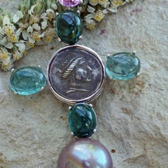 18K White Gold Pendant with Coin, Tourmaline & Kunzite, 11 Ct, beautiful Colors
