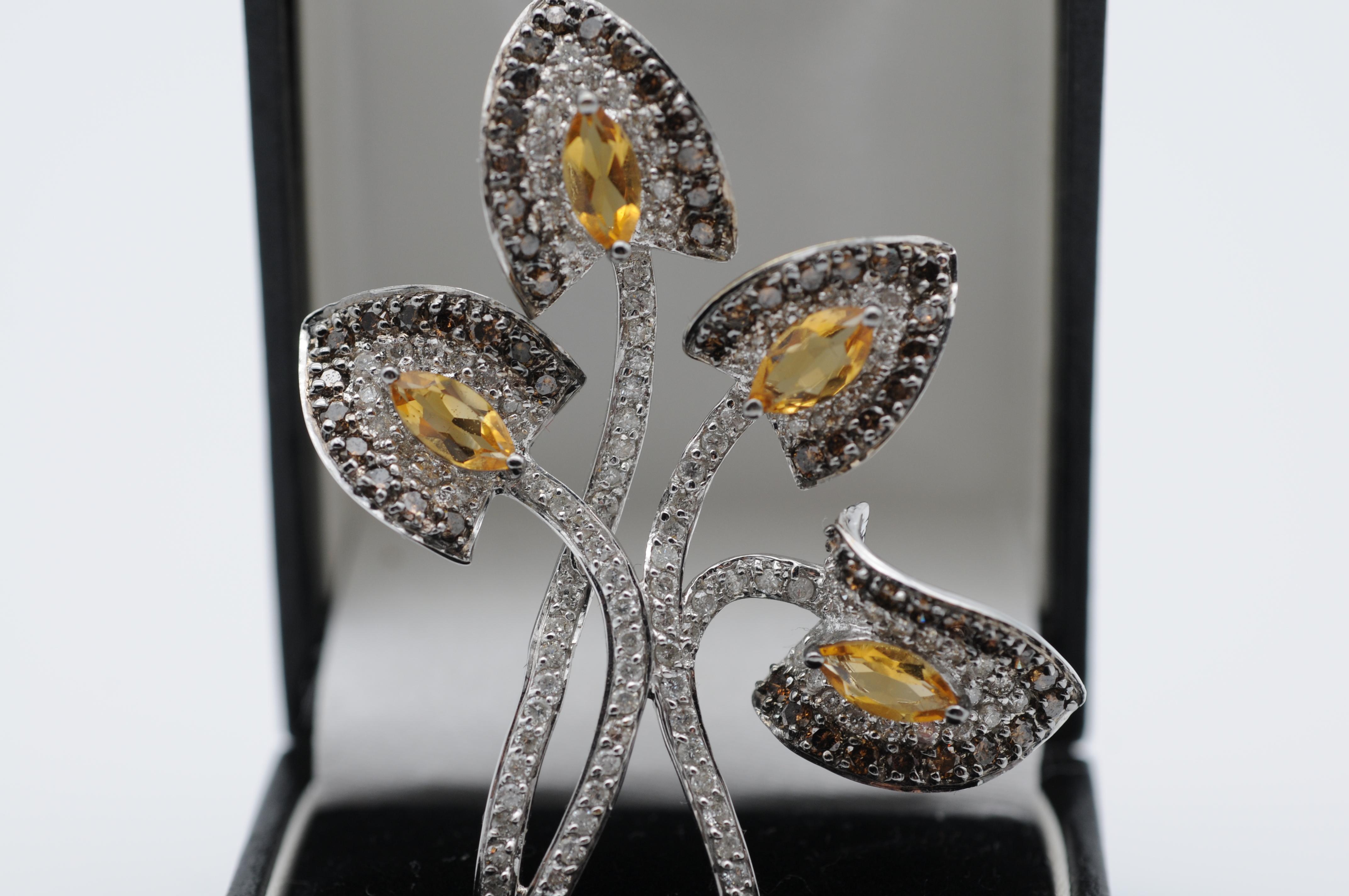 18k White Gold Pendant with Fully Set Diamonds and Navette-Cut Citrines For Sale 7