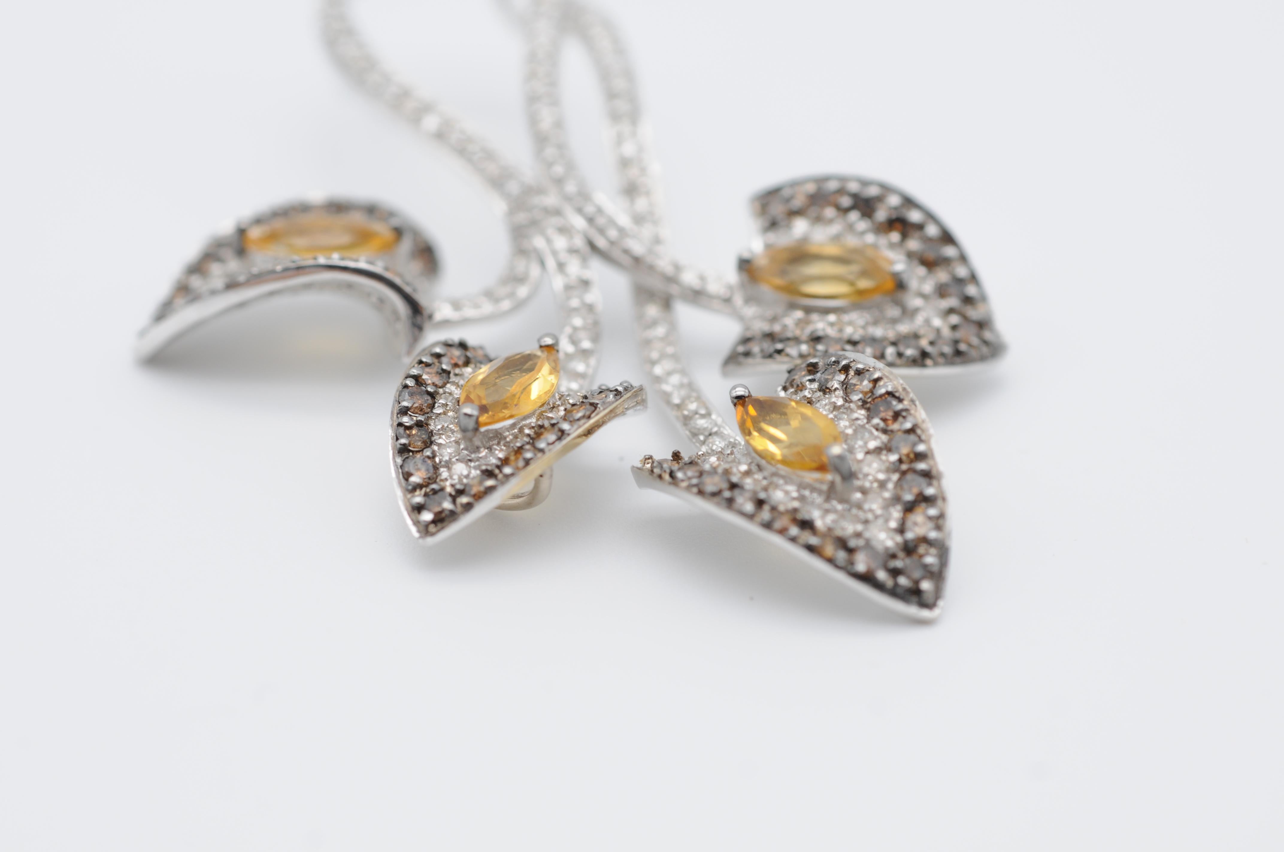 Brilliant Cut 18k White Gold Pendant with Fully Set Diamonds and Navette-Cut Citrines For Sale