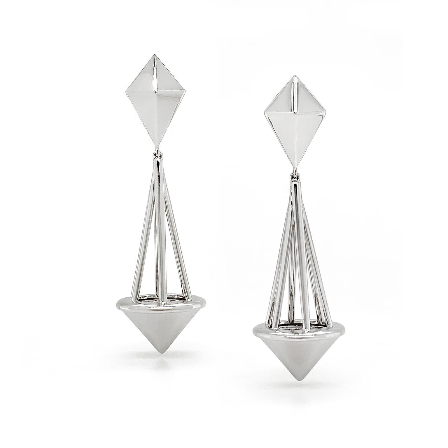 18K White Gold Pendulum Pyramid Drop Earrings