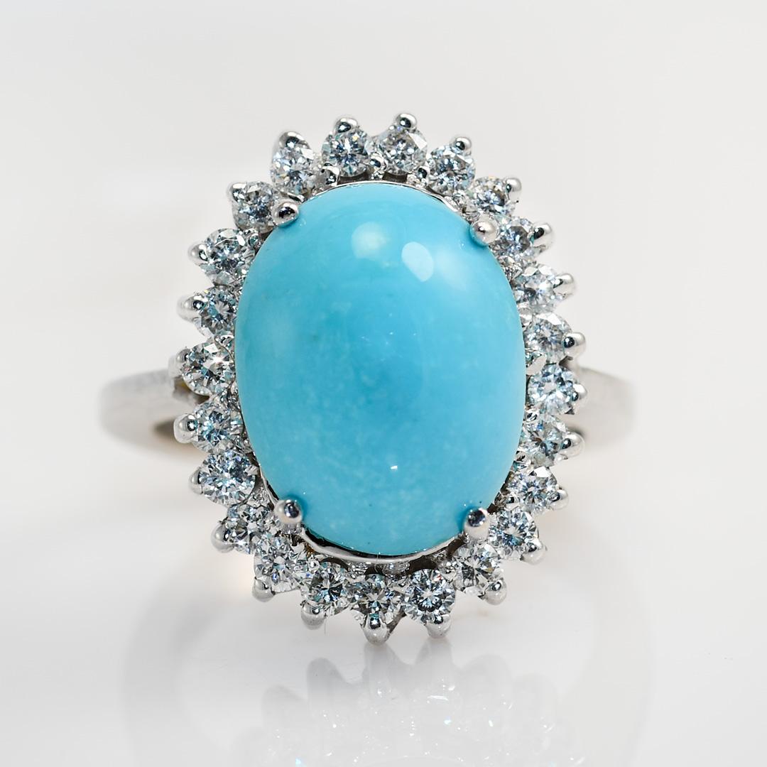 18K White Gold Persian Turquoise & Diamond Ring, .75tdw

Ladies Persian turquoise and diamond ring in 18k white gold setting.

The gold tests 75% gold with a XRF analyzer.

Total ring weight is 10.7 grams.

The turquoise is a fine sky blue,