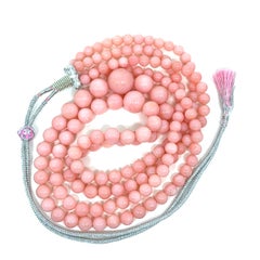 18K White Gold Peruvian Pink Opal Double-Strand Bead Necklace with Diamond Clasp