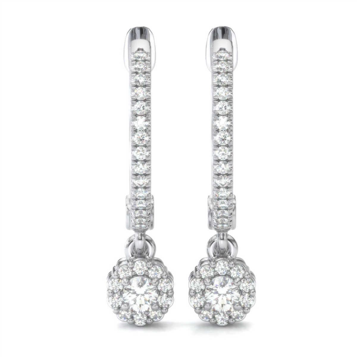 Round Cut 18 Karat White Gold Petite Dangling Halo Diamond Earrings '1/3 Carat' For Sale