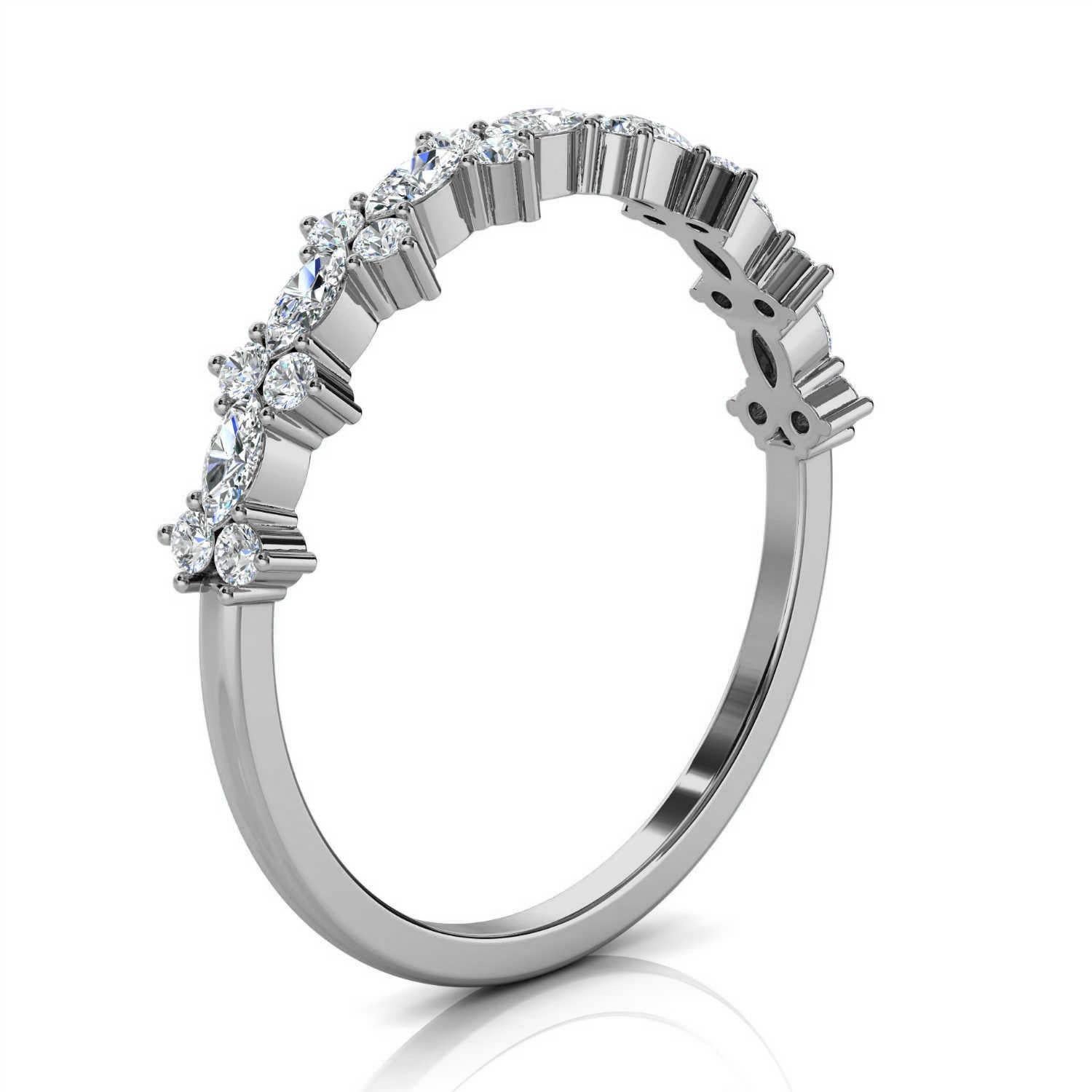This Delicate ring features sixteen (16) Round brilliant diamonds and eight (8) Marquise shape diamonds set on a 1.2 mm wide band. This organically designed ring is sparkly and stackable. Experience the difference in person!

Product details: