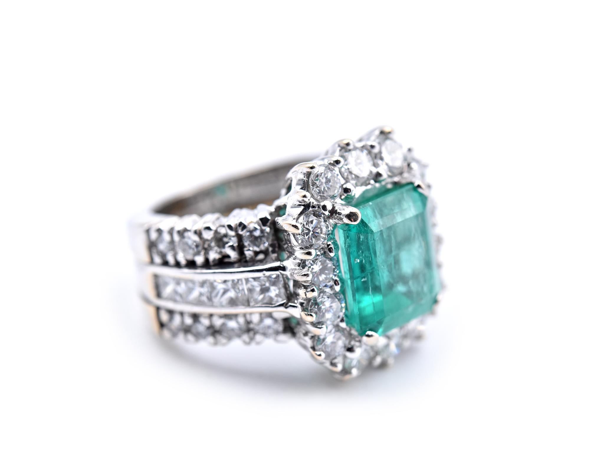 Designer: Petros & Takis
Material: 18k white gold
Emerald: 1 emerald cut= 4.10ct
Diamonds: 38 round brilliant cut = 2.25cttw
Color: G
Clarity: VS
Ring size: 4 ½ (please allow two additional shipping days for sizing requests)
Dimensions: ring is