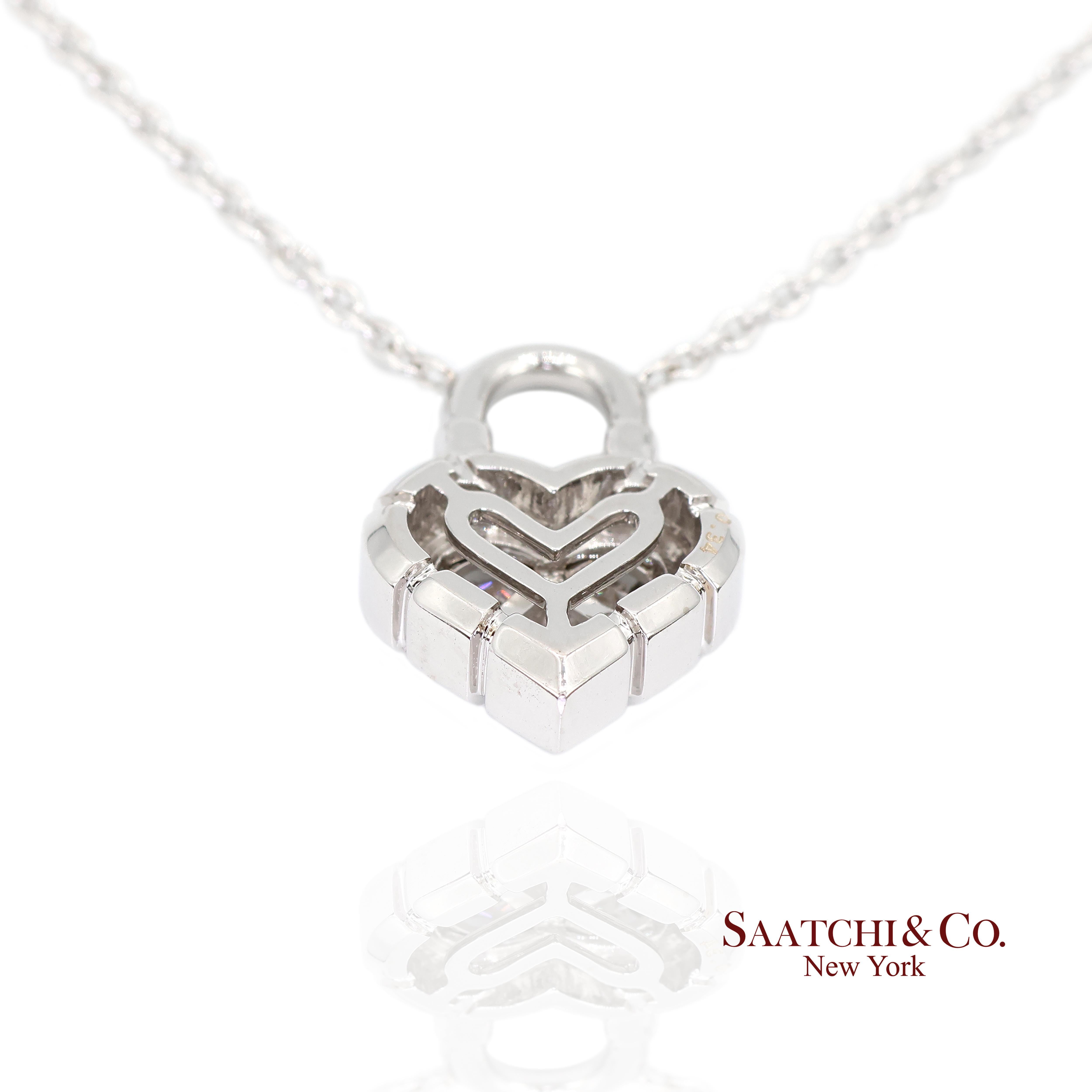 Heart Lock Pendant Necklace

Metal Type: 18k White Gold
Total Item Weight: 6.6 Grams
Sizable: Yes
Dimensions:
Length: 17.0 in
Width: 11.5 mm
Height: 5.0 mm

1:
Primary Stone: Diamond
Carat Weight: 0.34 Ct. (3 Pcs)
Stone Cut: Pie Cut
Stone Color: