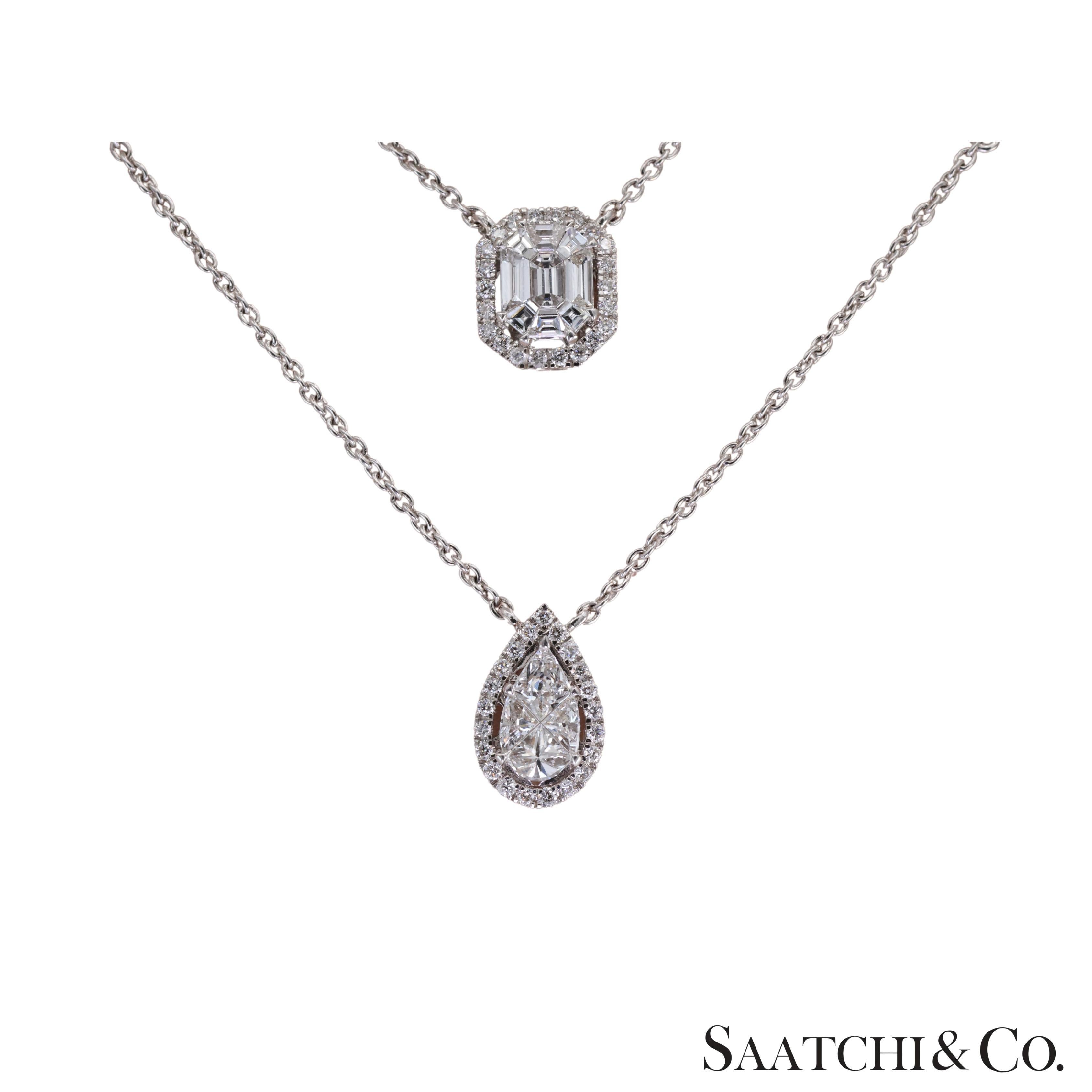 Halskette aus 18 Karat Weißgold mit Birnen- und Smaragdschliff und natürlichen Diamanten (Rundschliff) im Angebot