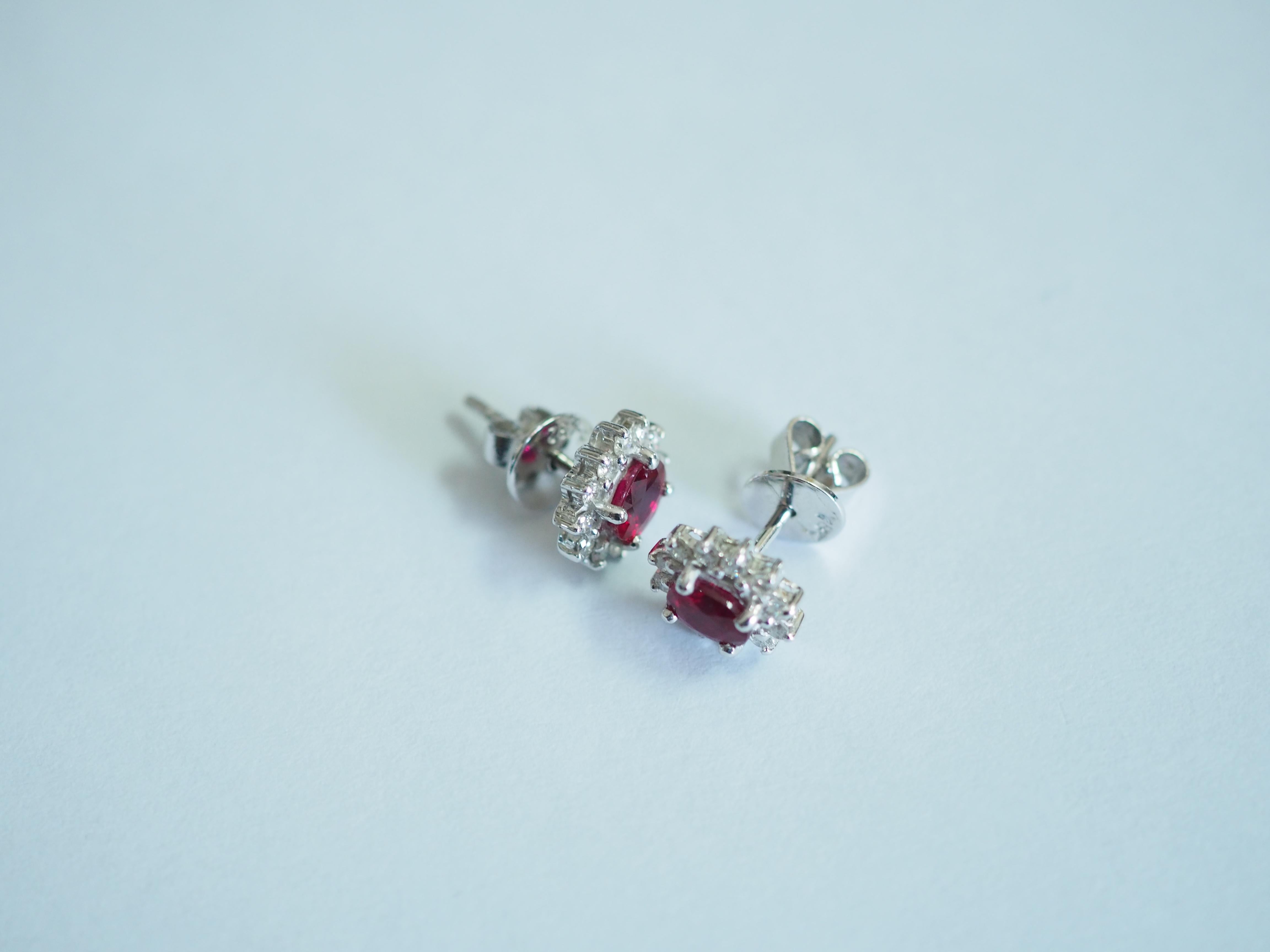Oval Cut 18k White Gold Pigeon's Blood Red Ruby & Diamond Cocktail Stud Earring