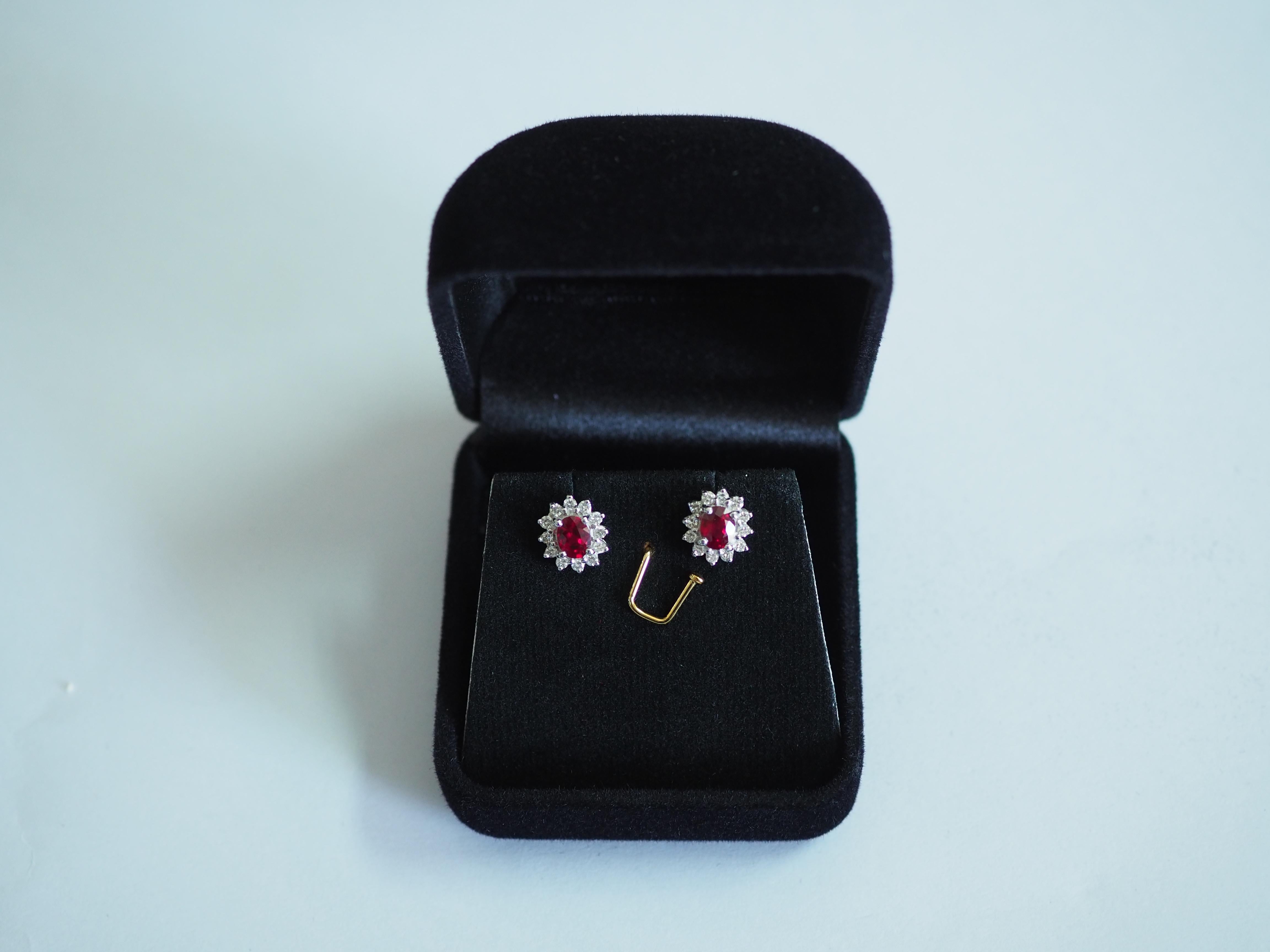 Women's or Men's 18k White Gold Pigeon's Blood Red Ruby & Diamond Cocktail Stud Earring