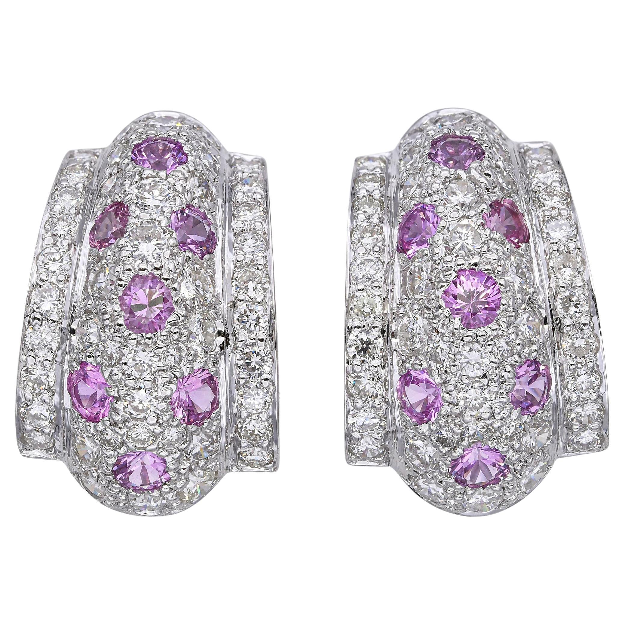 18k White Gold Pink 0.84ct Sapphire and 1.35tcw Diamond Back Earrings For Sale