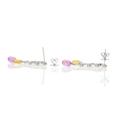 18K White Gold Pink and Yellow Briolette Sapphire Diamond Drop Earrings
