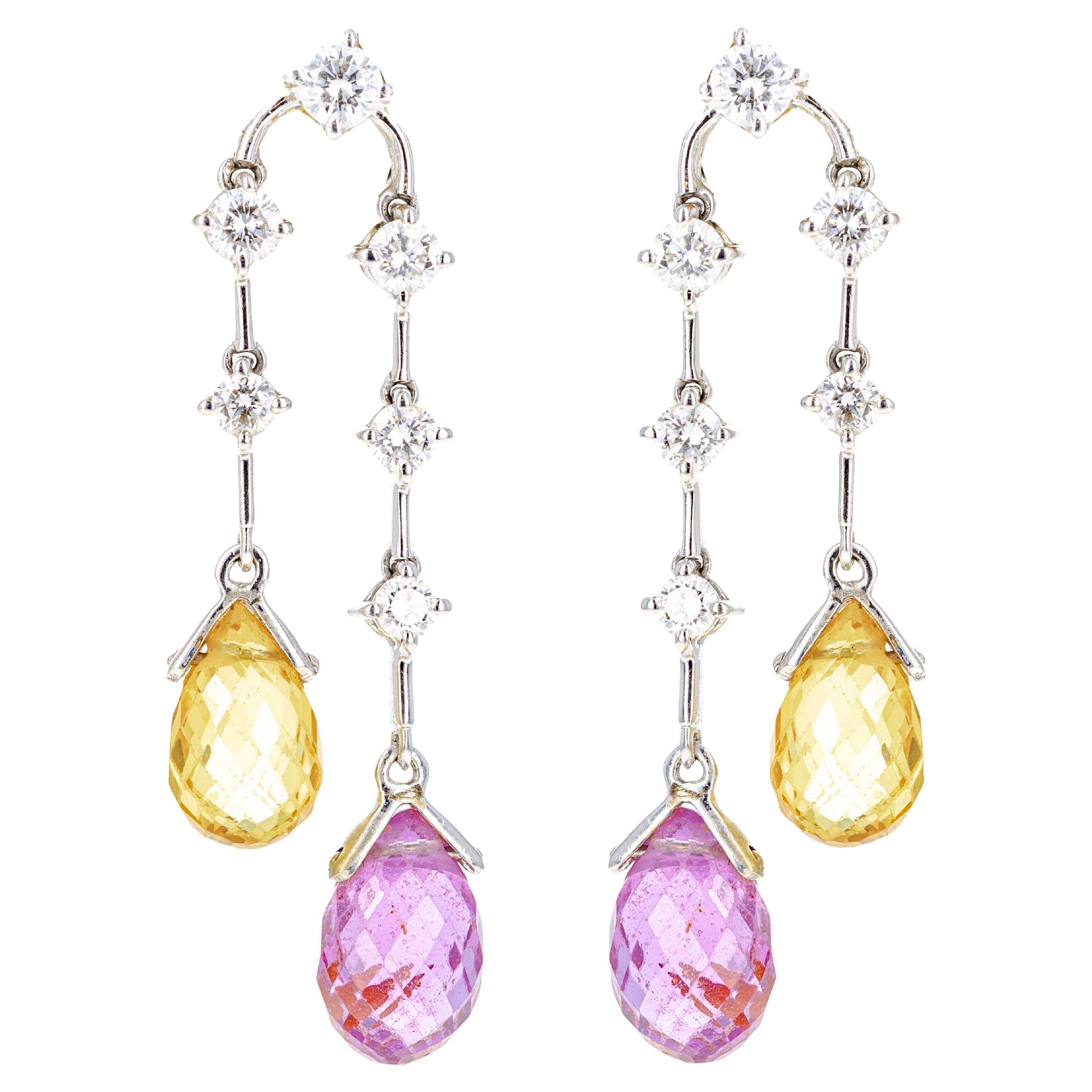 18K White Gold Pink and Yellow Briolette Sapphire Diamond Drop Earrings