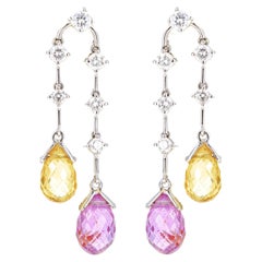 18K White Gold Pink and Yellow Briolette Sapphire Diamond Drop Earrings