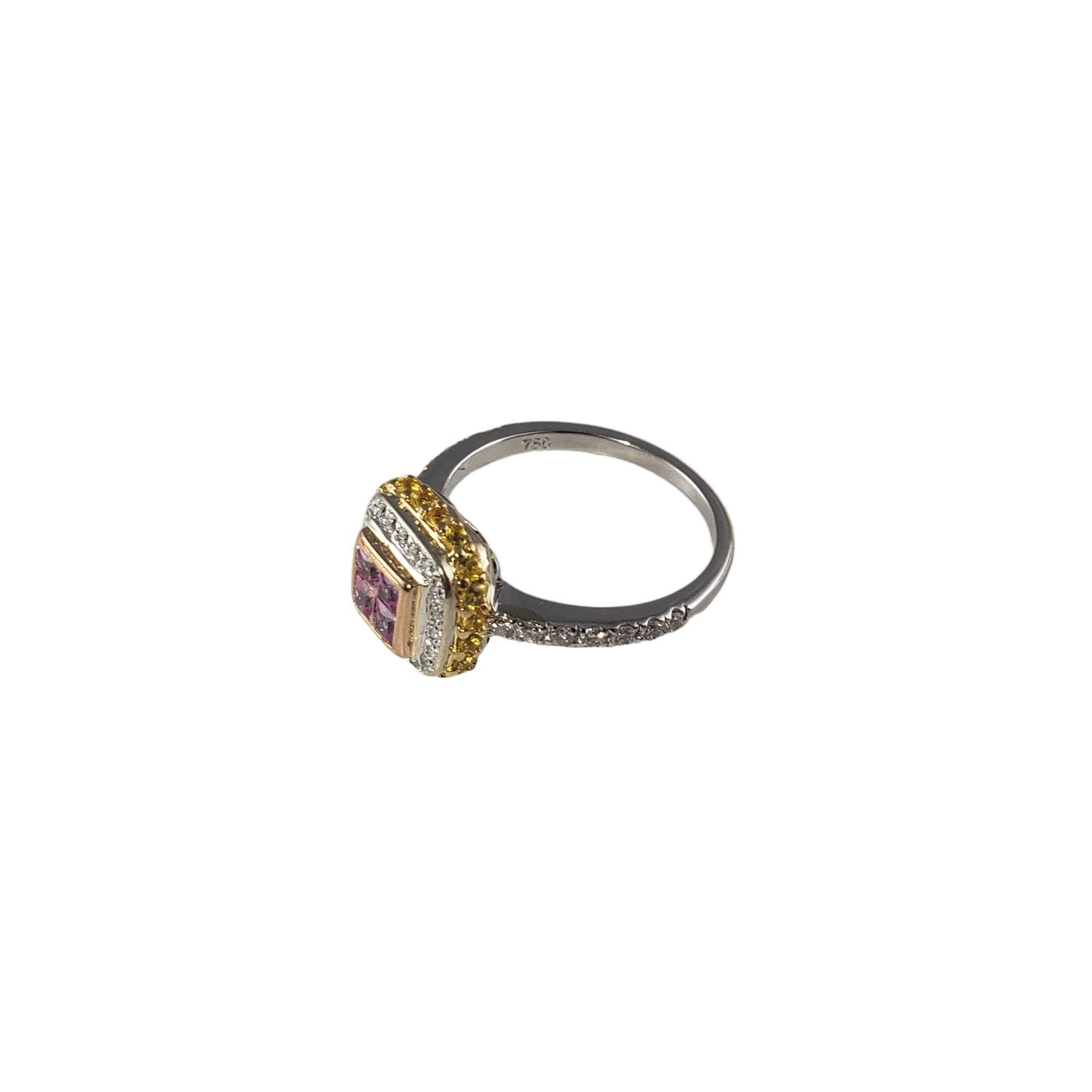 Vintage 18 Karat White Gold Pink and Yellow Sapphire and Diamond Ring Size 7 JAGi Certified-

This stunning ring features four square cut pink sapphires, 15 round yellow sapphires, and 34 round brilliant cut diamonds set in beautifully detailed 18K