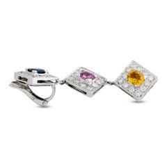 18K White Gold Pink, Blue and Yellow Sapphire and Diamond Dangle Earrings