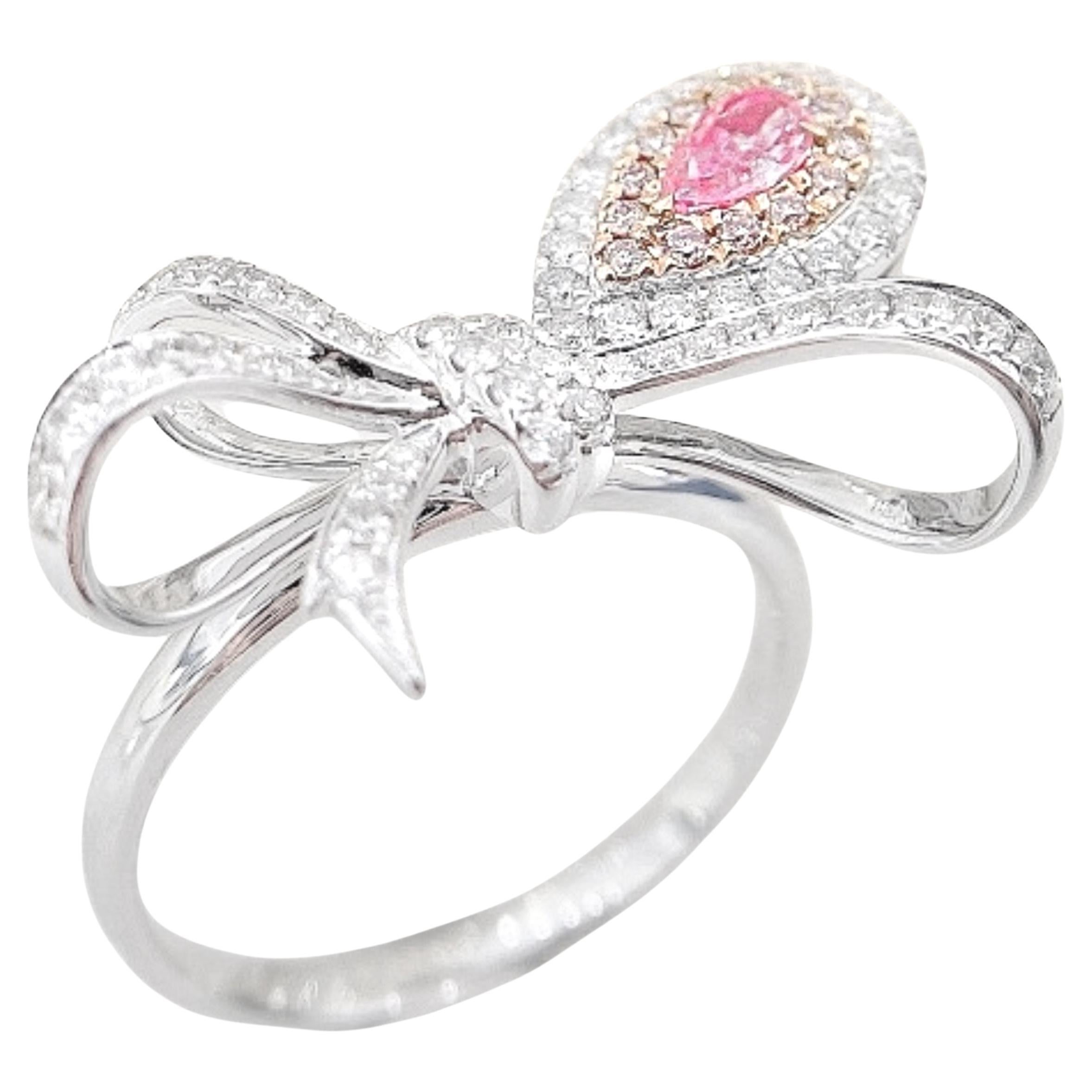 18K White Gold Pink Diamond Bow Ring with Diamonds