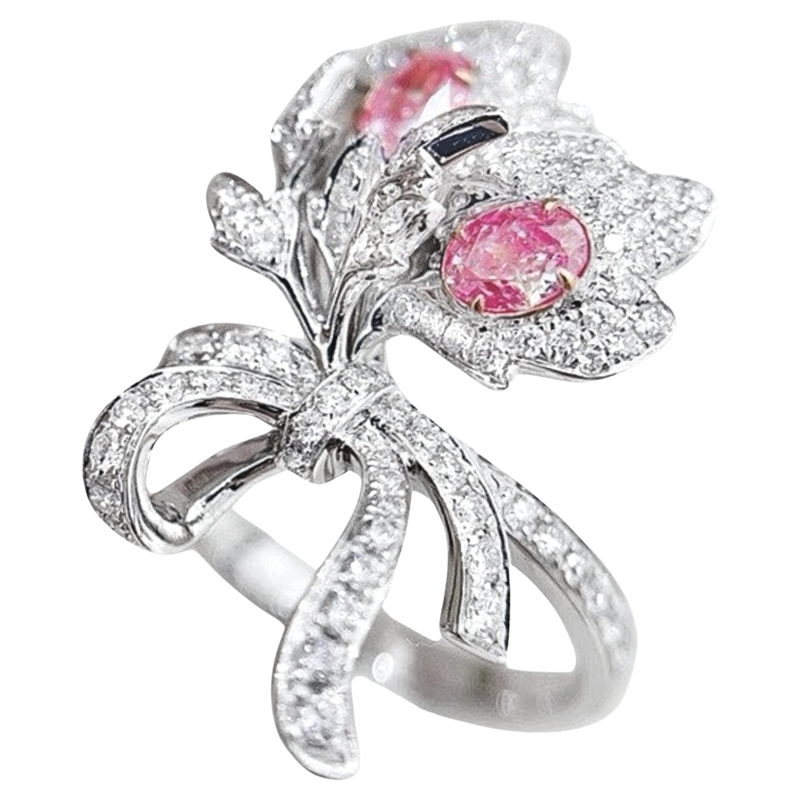 18K White Gold Pink Diamond Flower Ring with Diamonds