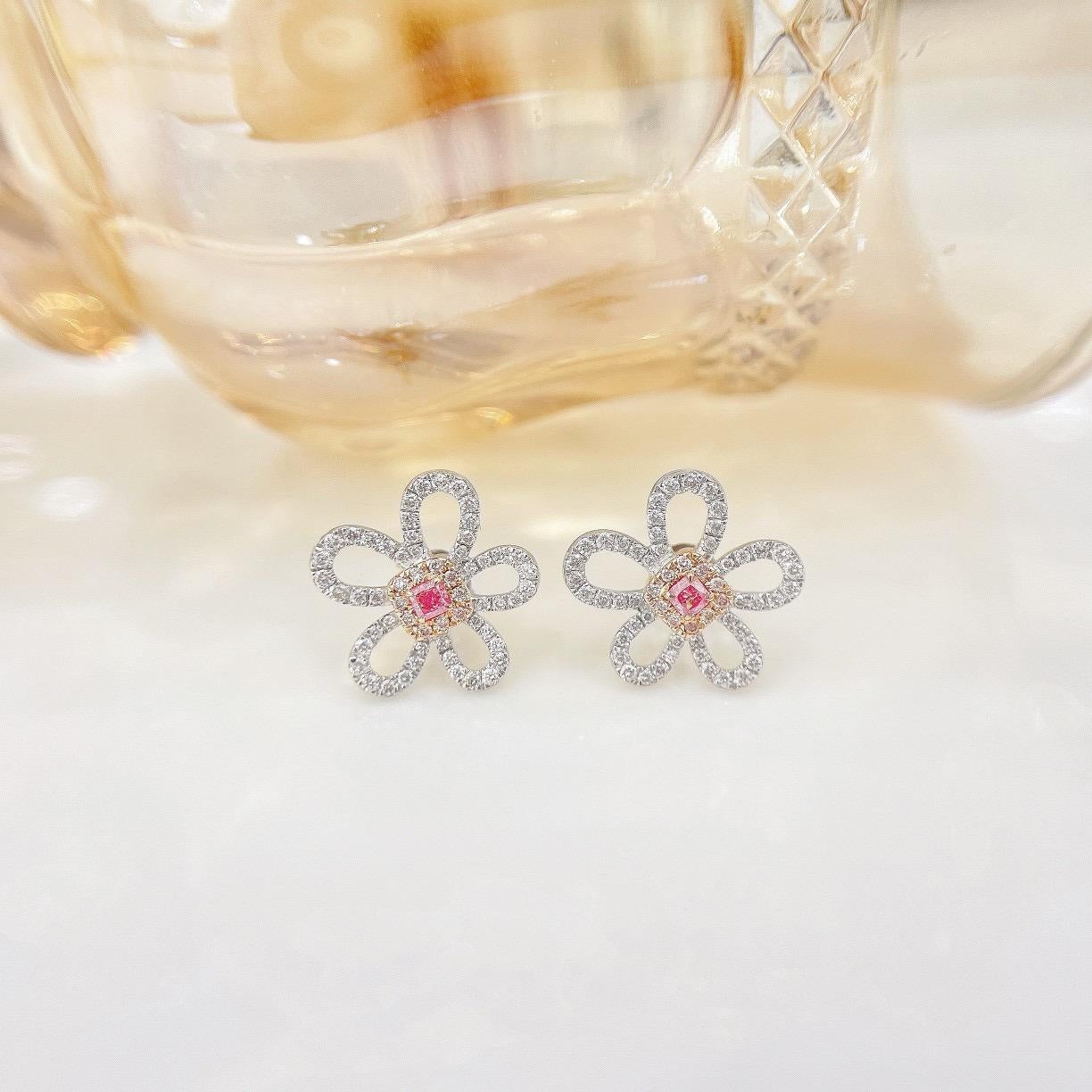 Pendientes Flor Diamante Rosa Oro Blanco 18K Moderno en venta