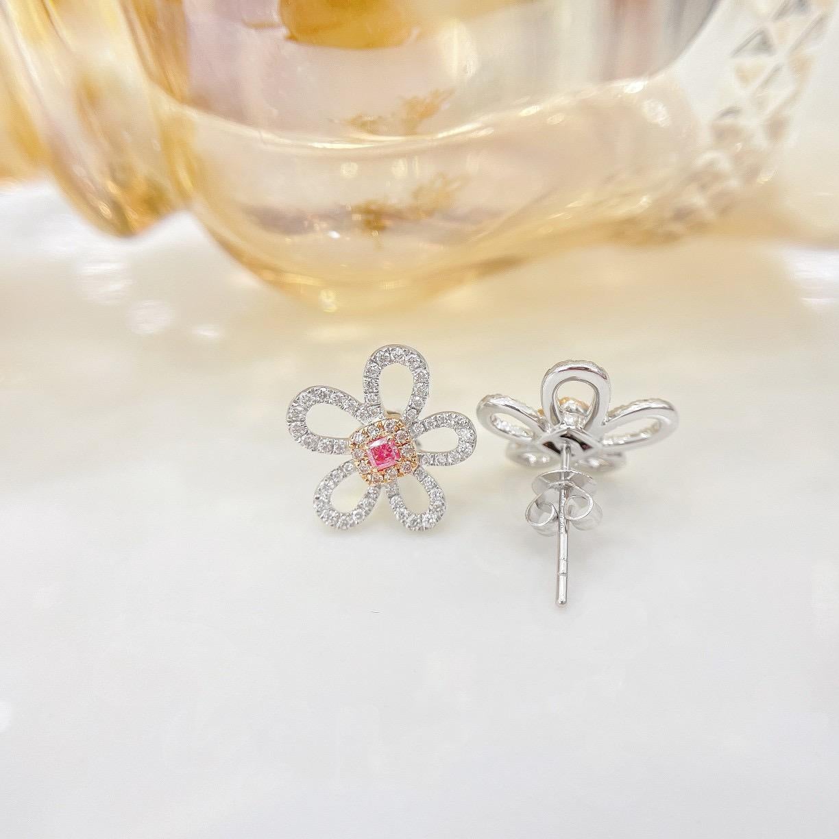 Pendientes Flor Diamante Rosa Oro Blanco 18K en Nuevo estado para la venta en Kowloon, HK