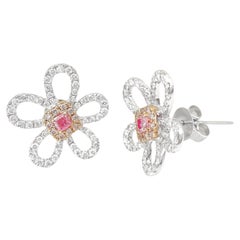 18K White Gold Pink Diamond Flower Stud Earrings