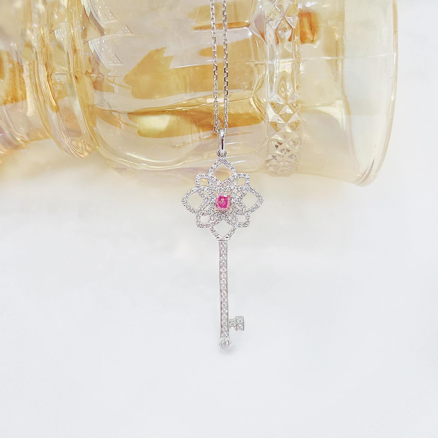 Modern 18K White Gold Pink Diamond Key Pendant Necklace For Sale