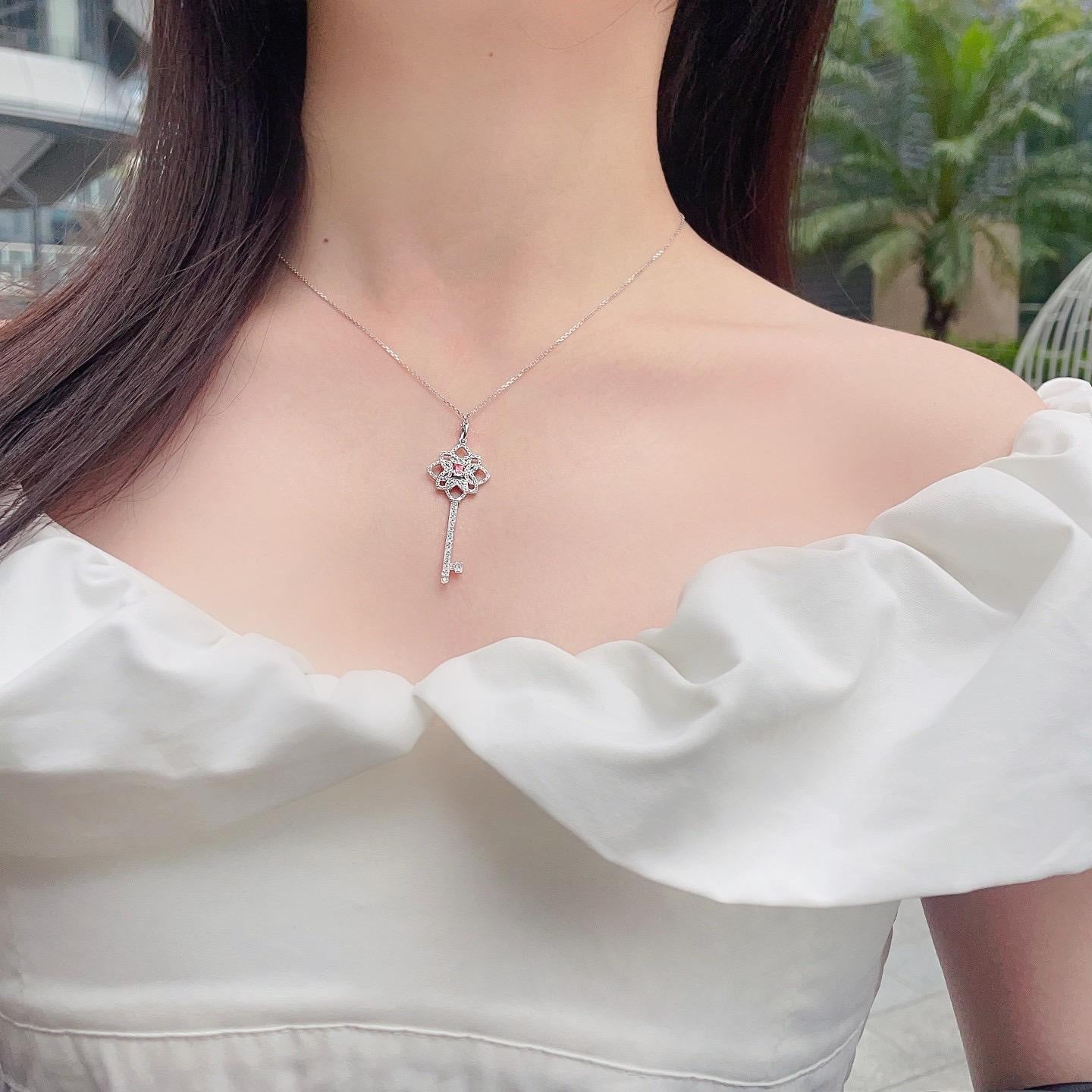 Cushion Cut 18K White Gold Pink Diamond Key Pendant Necklace For Sale