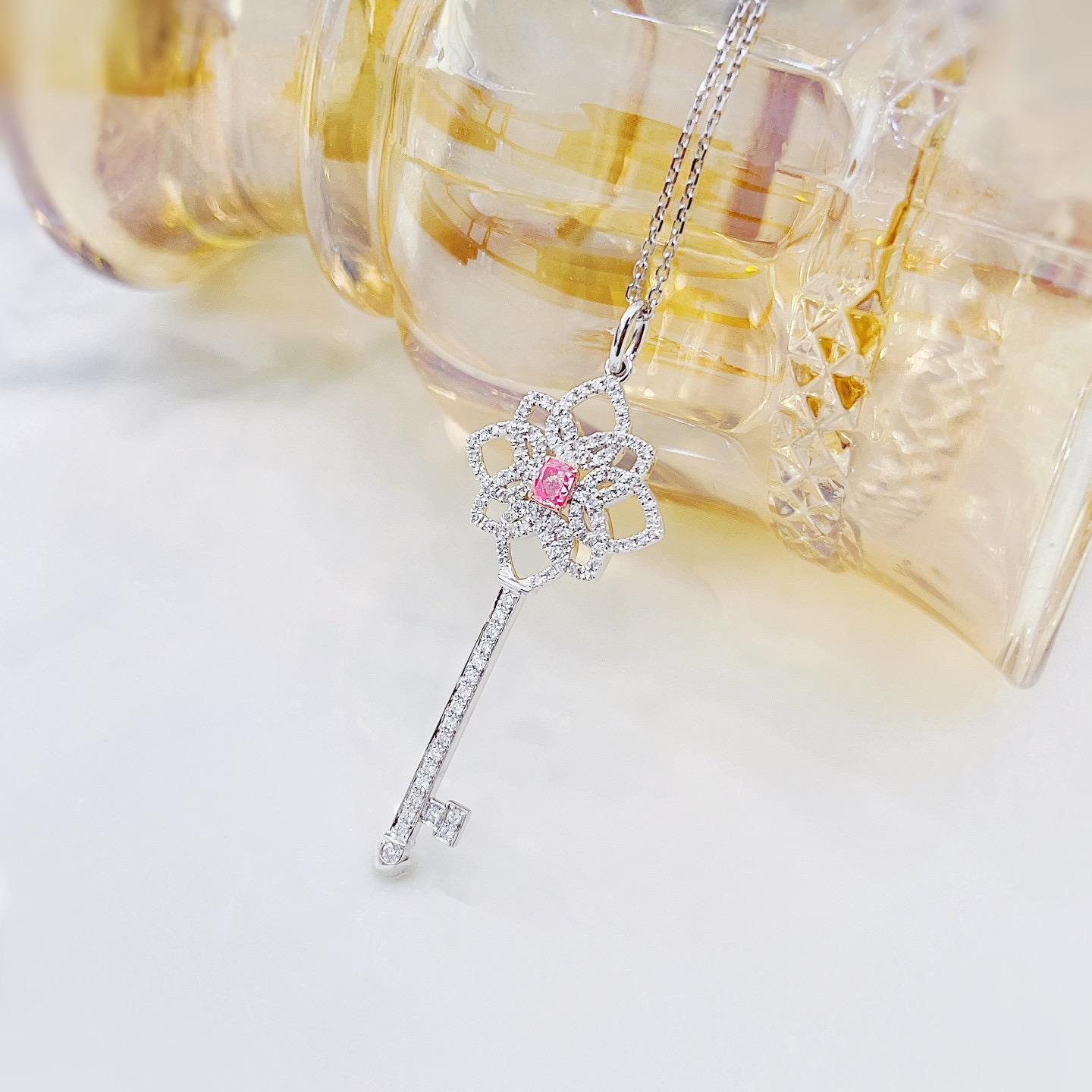 Women's or Men's 18K White Gold Pink Diamond Key Pendant Necklace For Sale