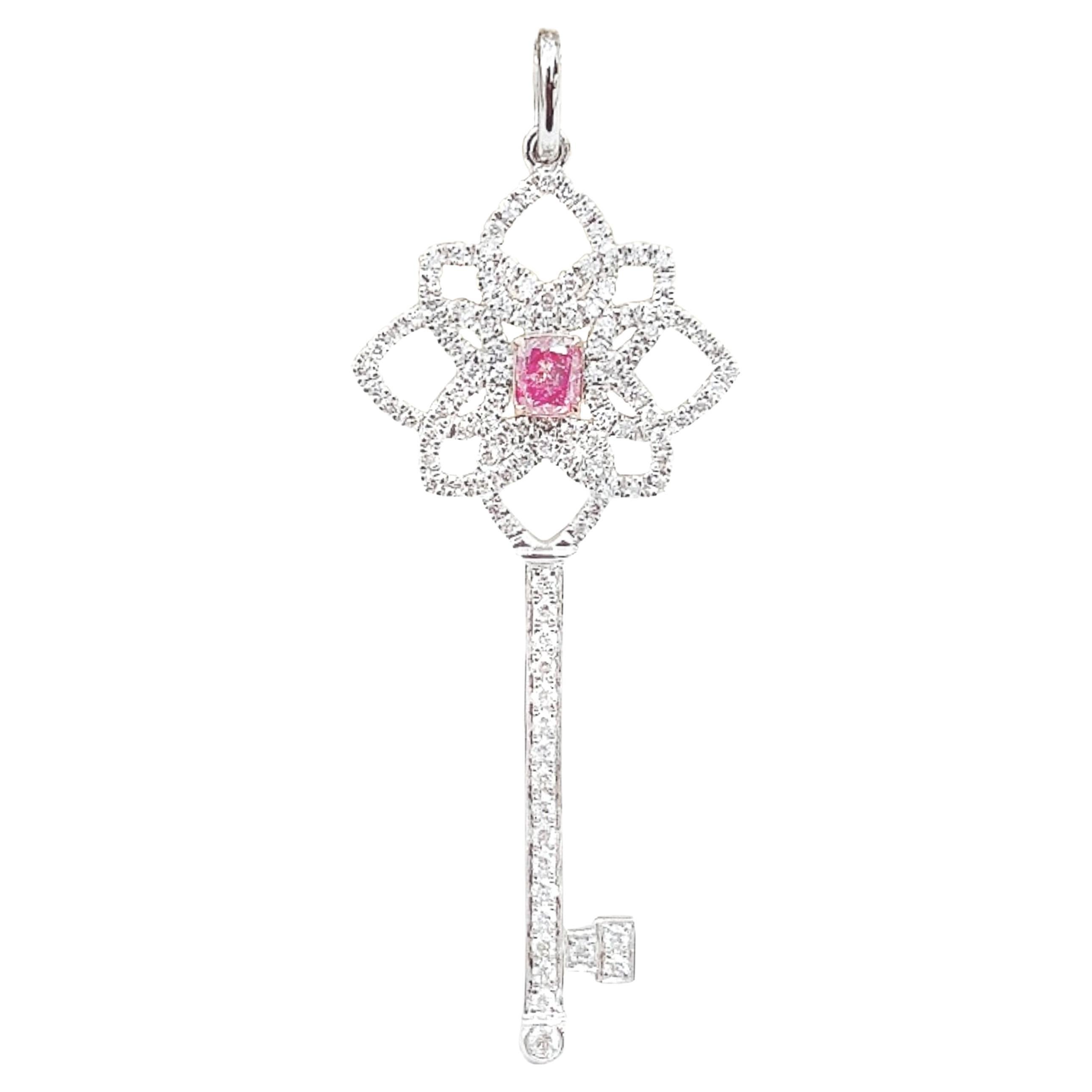 18K White Gold Pink Diamond Key Pendant Necklace