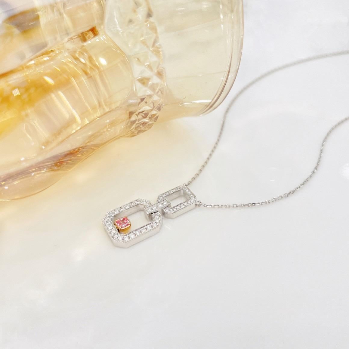 Round Cut 18K White Gold Pink Diamond Lock Pendant Necklace For Sale