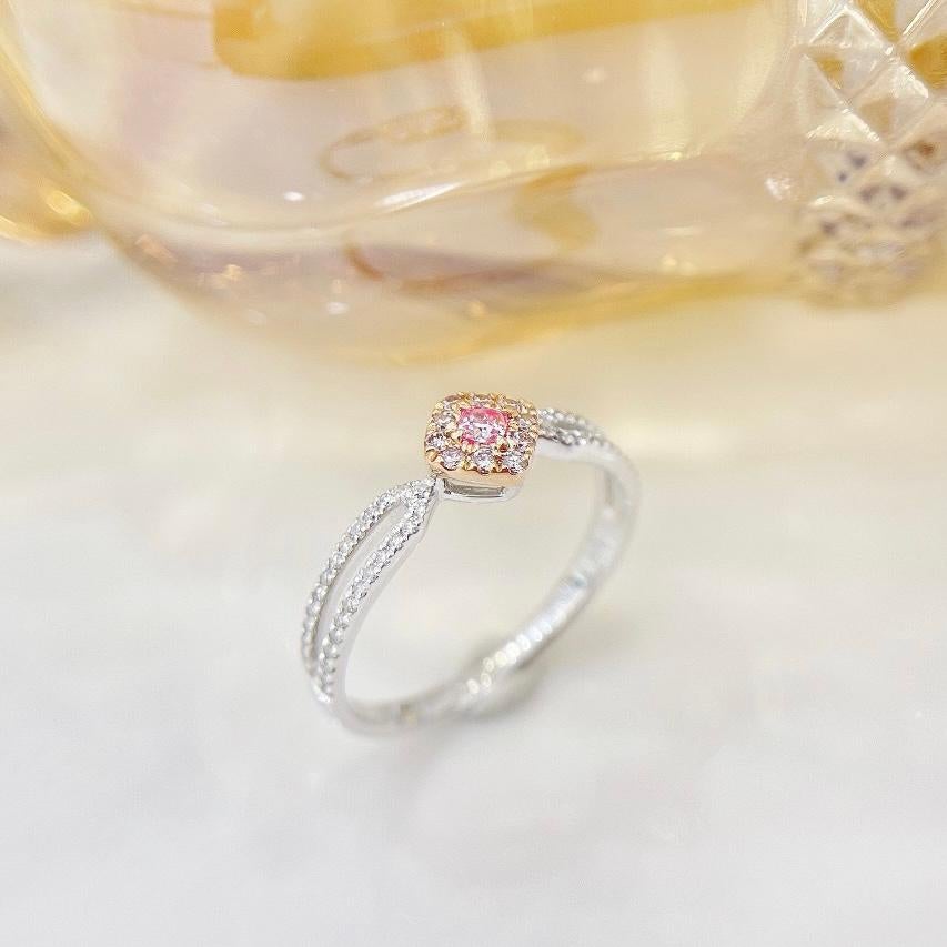 Cushion Cut 18K White Gold Pink Diamond Ring with Diamonds For Sale