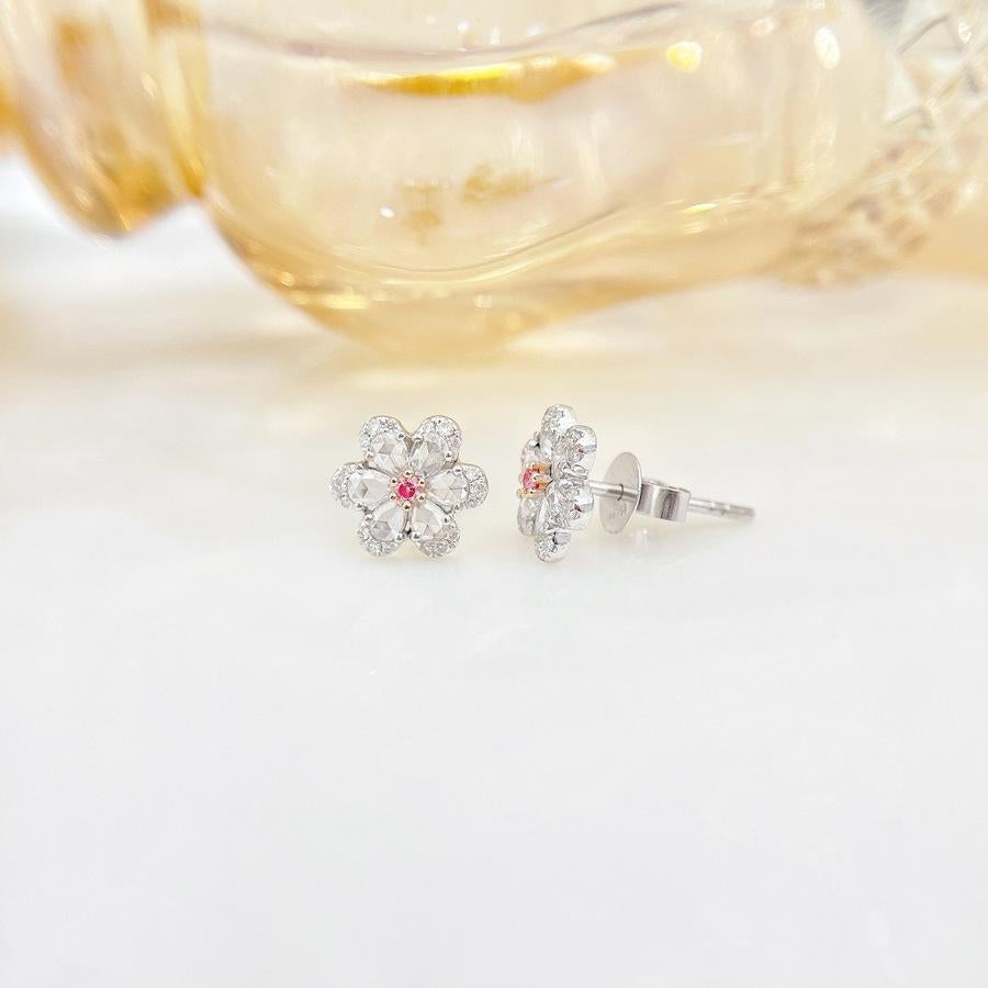 Cushion Cut 18K White Gold Pink Diamond Snowflake Stud Earrings with Diamonds For Sale