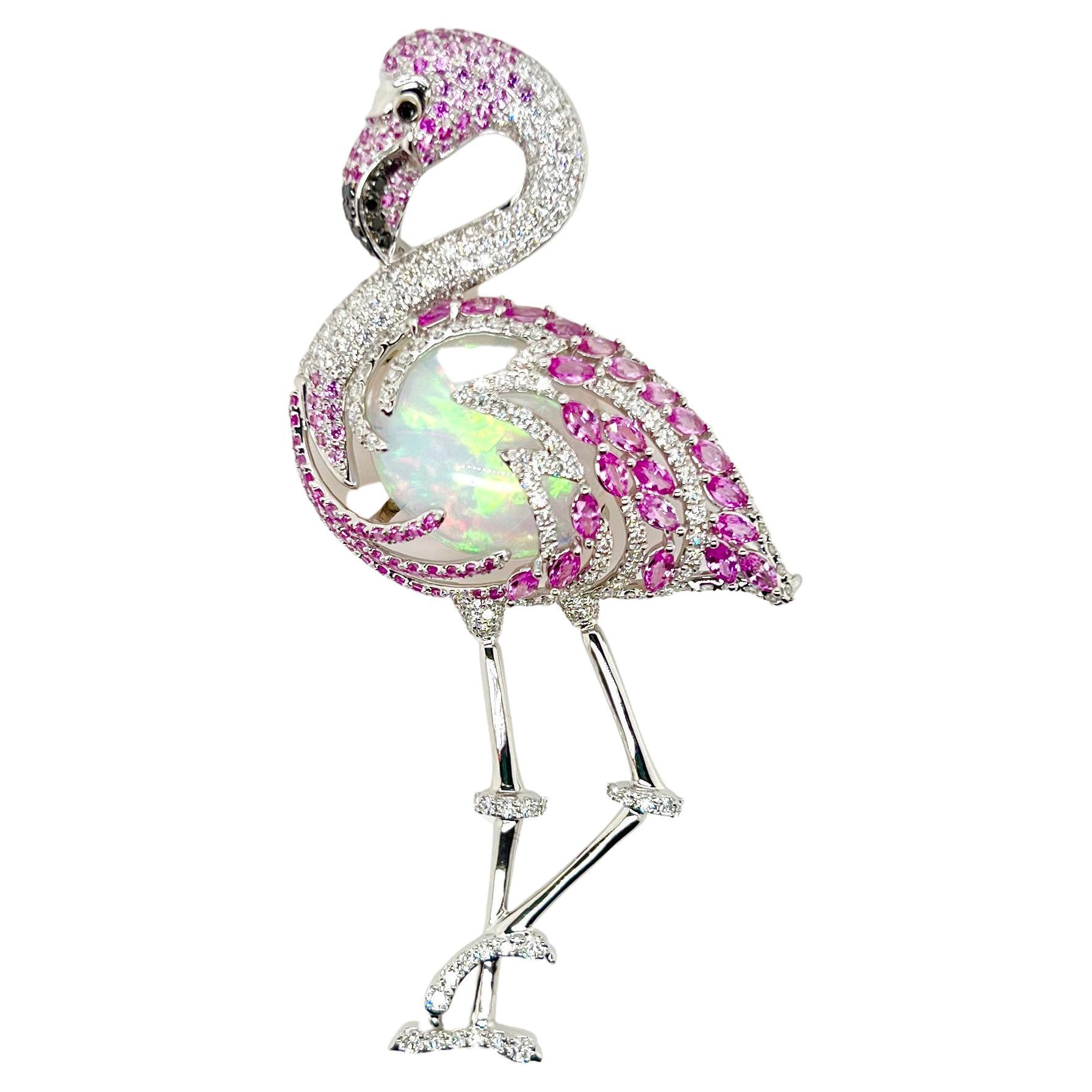 18k White Gold Pink Flamingo with Opal and Diamonds Brooch or Pendant For Sale