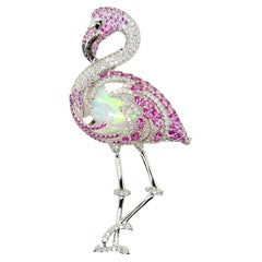 18k White Gold Pink Flamingo with Opal and Diamonds Brooch or Pendant