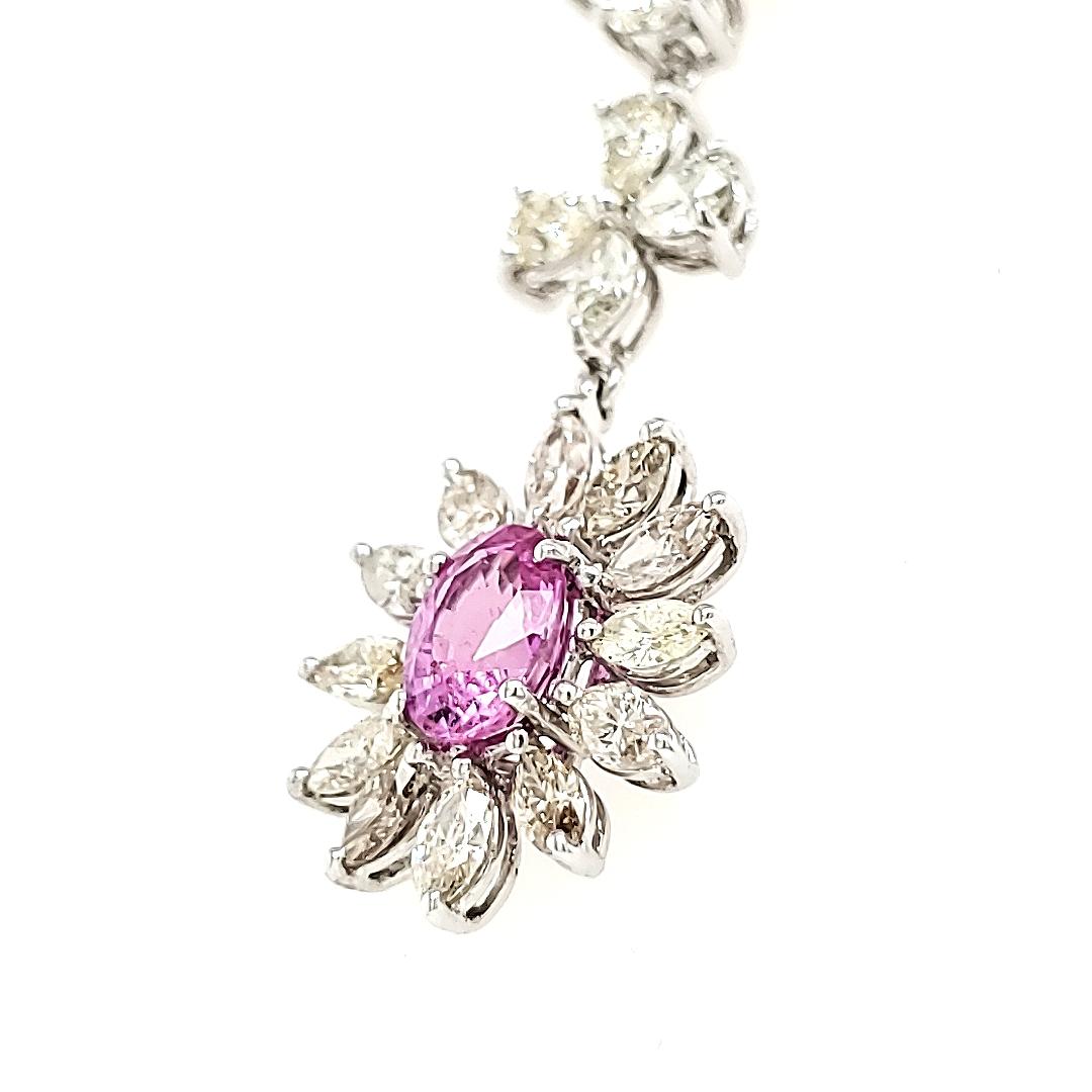 Contemporary 18k White Gold Pink Oval Sapphire Cts 1.07 and Marquise Diamond Pendant Necklace For Sale