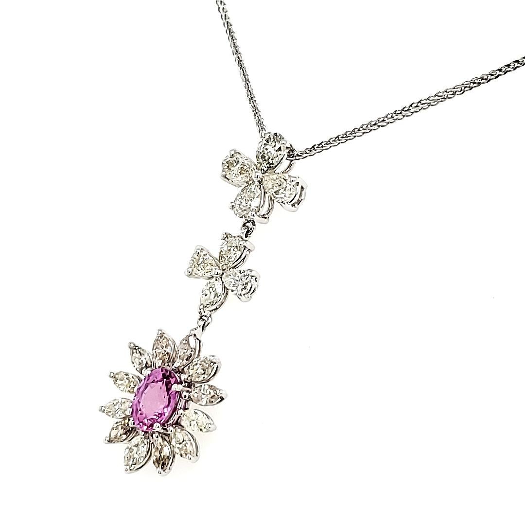 Oval Cut 18k White Gold Pink Oval Sapphire Cts 1.07 and Marquise Diamond Pendant Necklace For Sale