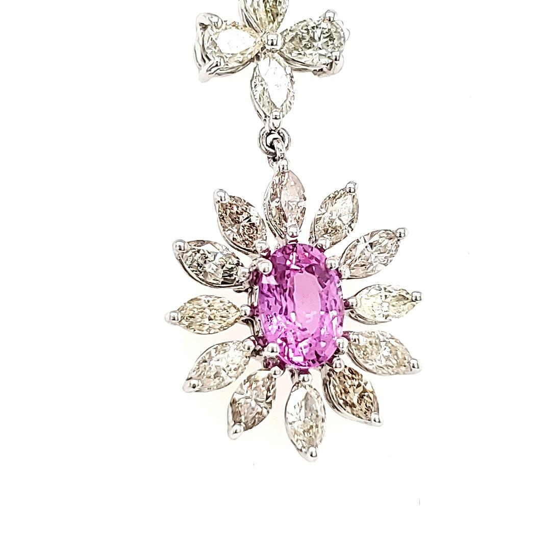 Women's 18k White Gold Pink Oval Sapphire Cts 1.07 and Marquise Diamond Pendant Necklace For Sale