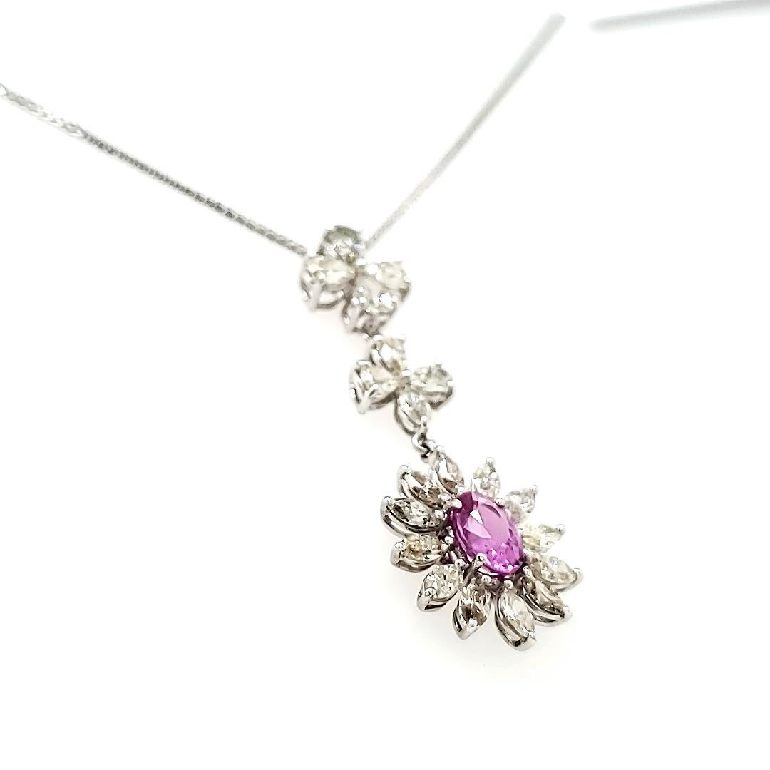 18k White Gold Pink Oval Sapphire Cts 1.07 and Marquise Diamond Pendant Necklace For Sale 1