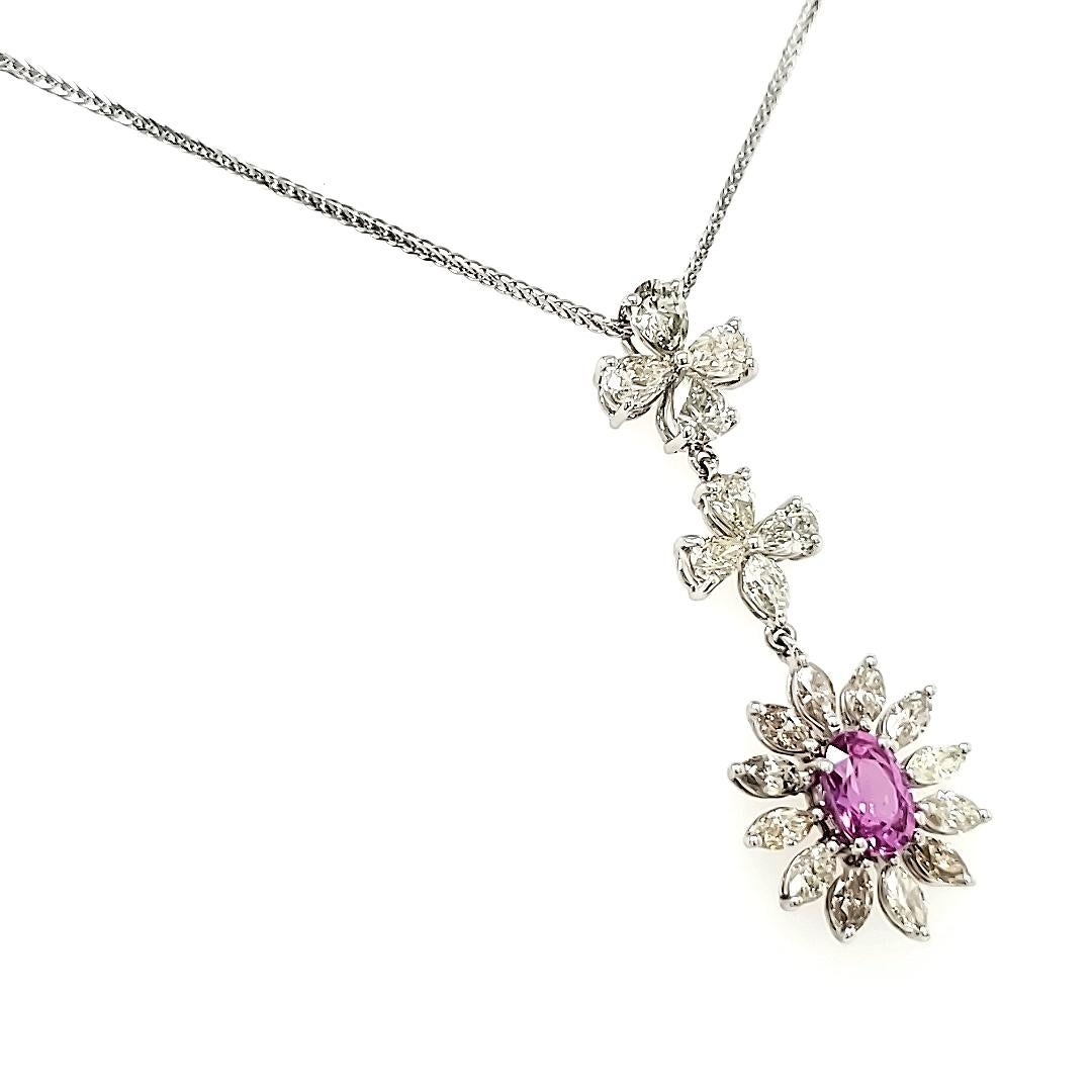 18k White Gold Pink Oval Sapphire Cts 1.07 and Marquise Diamond Pendant Necklace For Sale 2