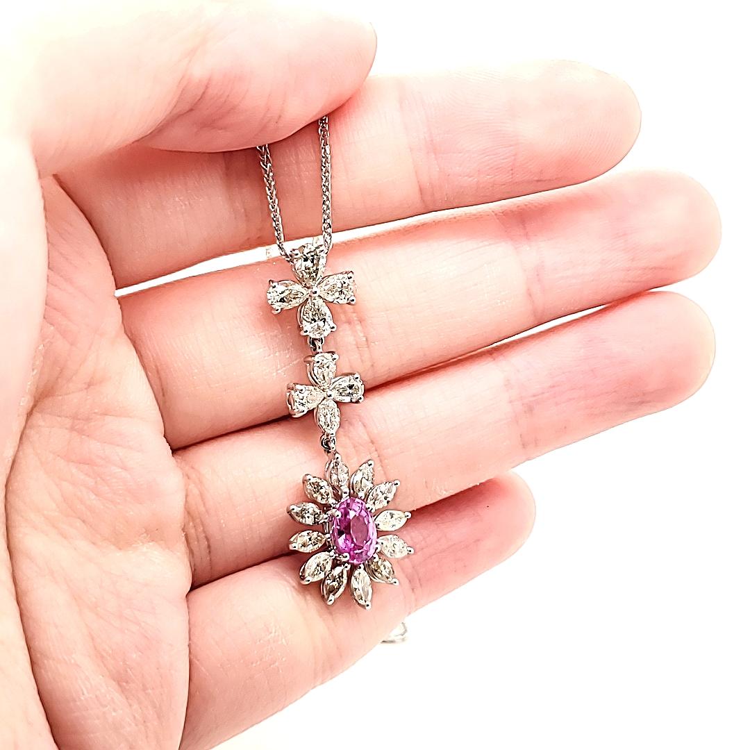 18k White Gold Pink Oval Sapphire Cts 1.07 and Marquise Diamond Pendant Necklace For Sale 3